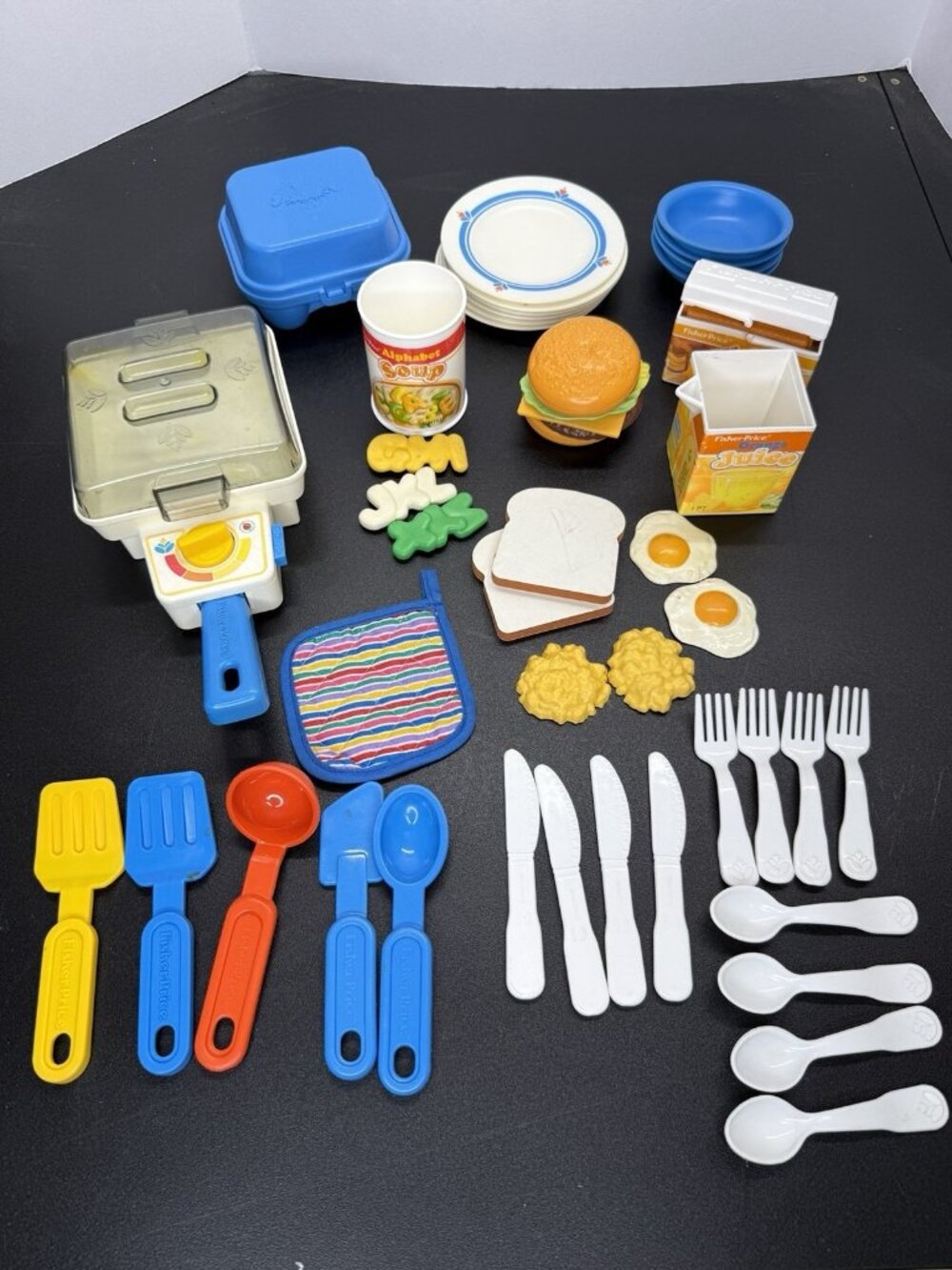 Vintage Fisher Price Fun with Food Toy Lot 50+ Pieces 1980s Breakfast Dishes